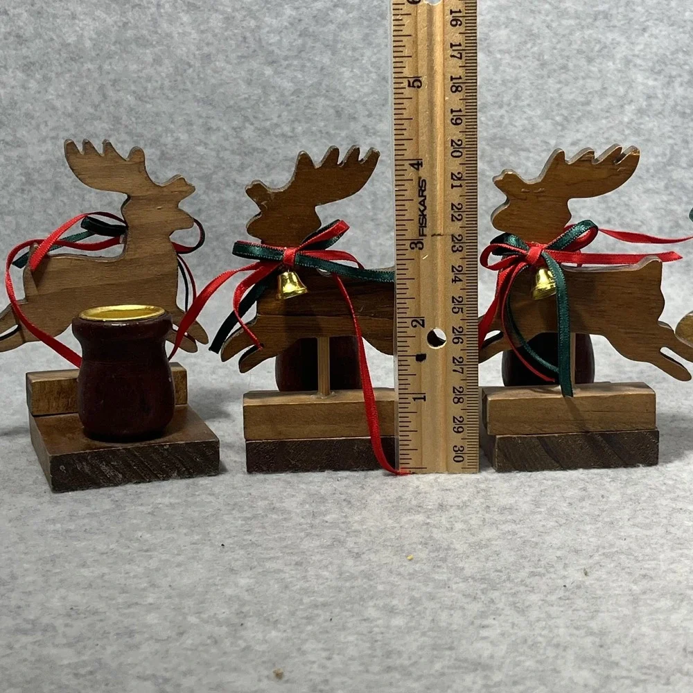 Vintage Christmas Around the World Wood Sleigh Reindeer Taper Candle Holders Set